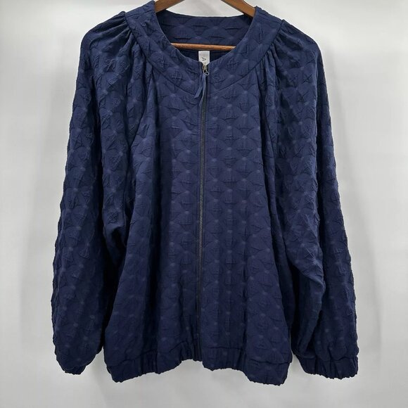 Anthropologie Amadi Jacket Womens 2X Blue Zip Puff Sleeve Texture Bomber Blouson - Picture 1 of 8